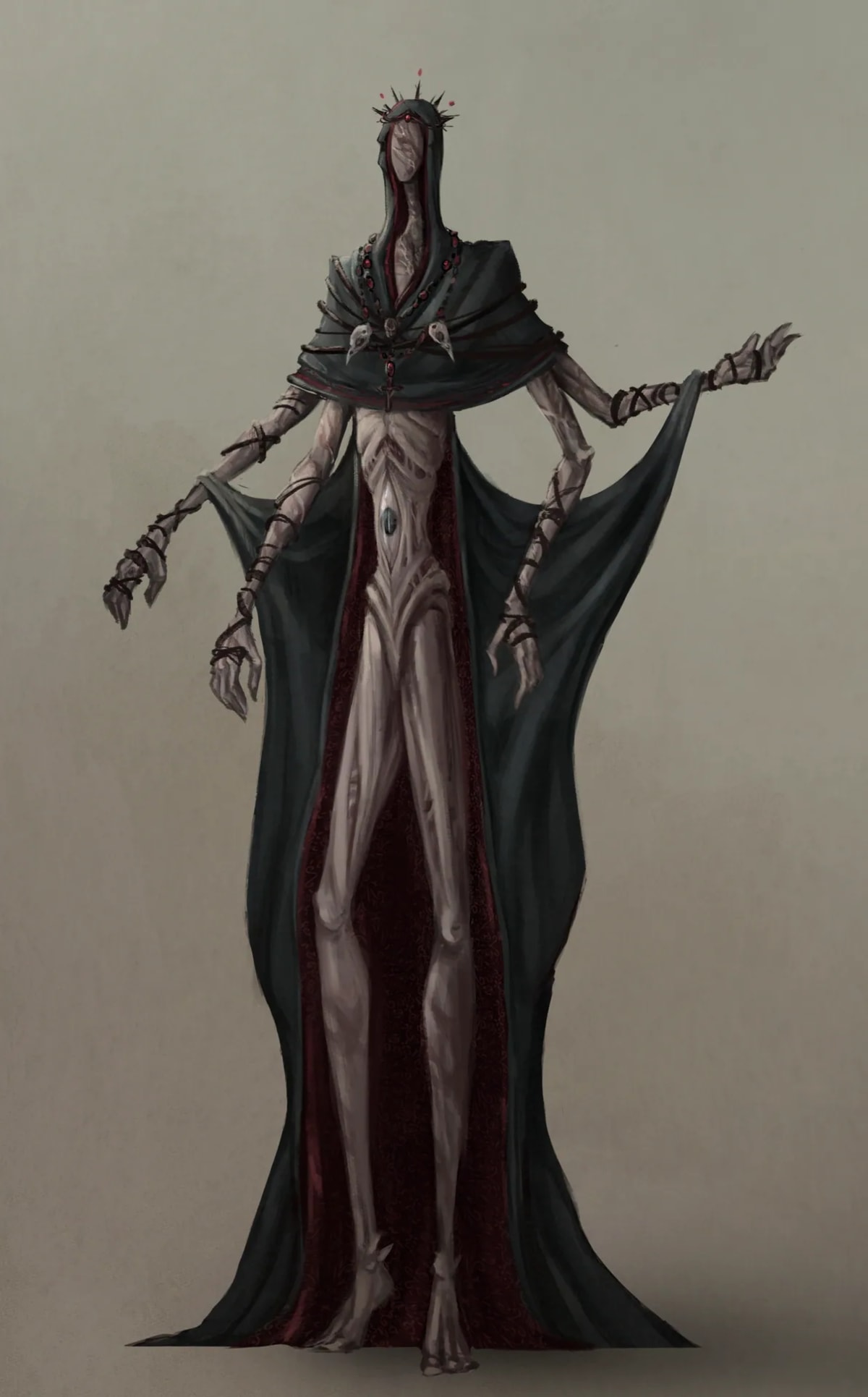 Criatura alargada de cuatro brazos con capucha, corona de espinas y manto verde, de Alba Paniagua, alumna de Concept Art en TRAZOS