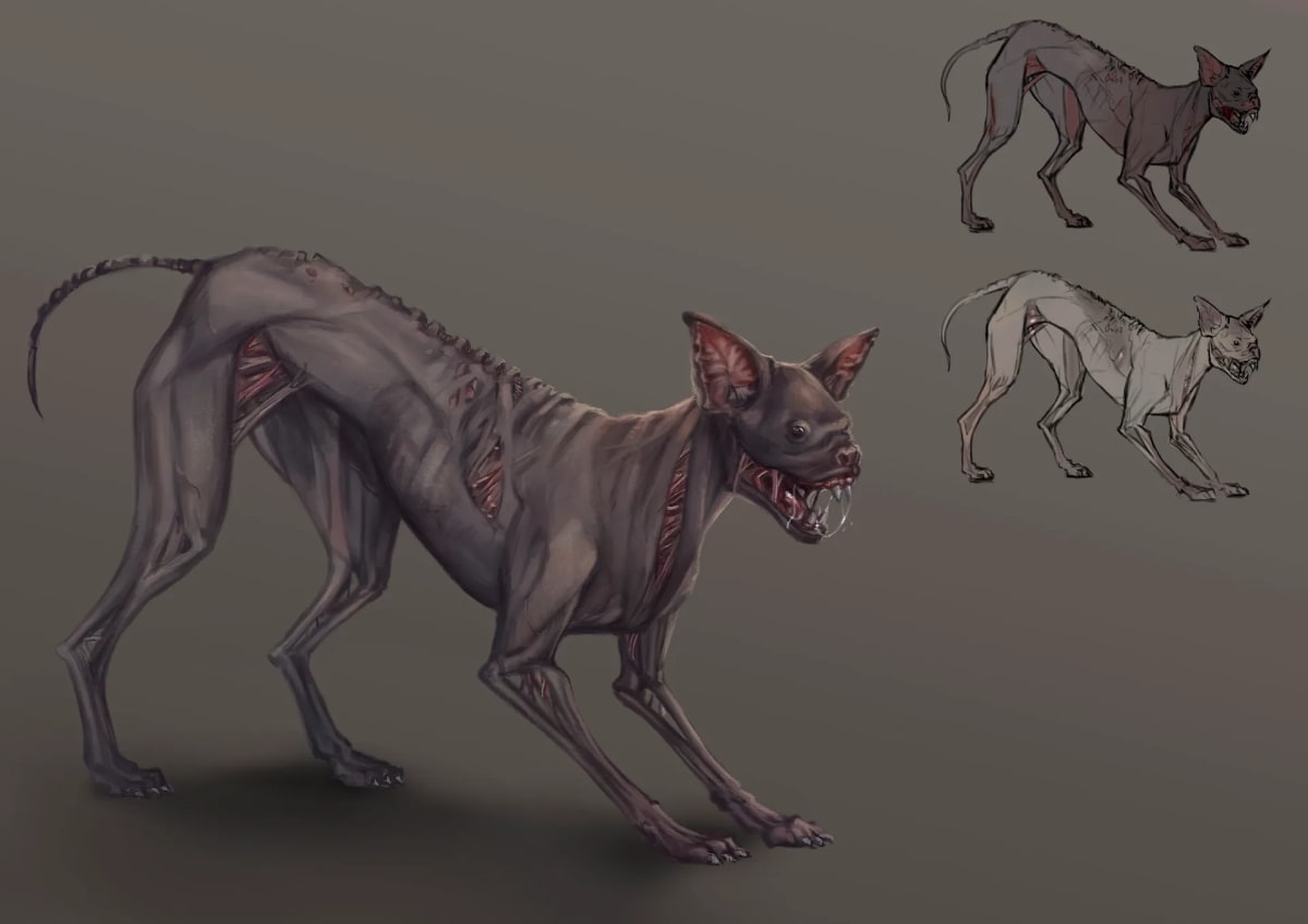 Criatura canina descarnada de orejas grandes, con dos vistas de estudio al lado, de Alba Paniagua, alumna de Concept Art en TRAZOS