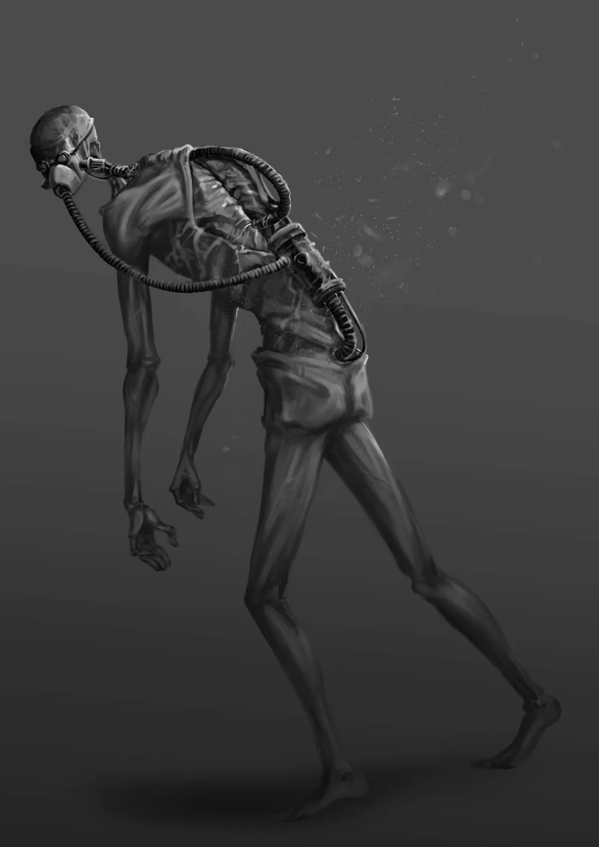 Criatura esquelética con máscara de gas y tubos, caminando encorvada, en blanco y negro, de Alba Paniagua, alumna de Concept Art en TRAZOS