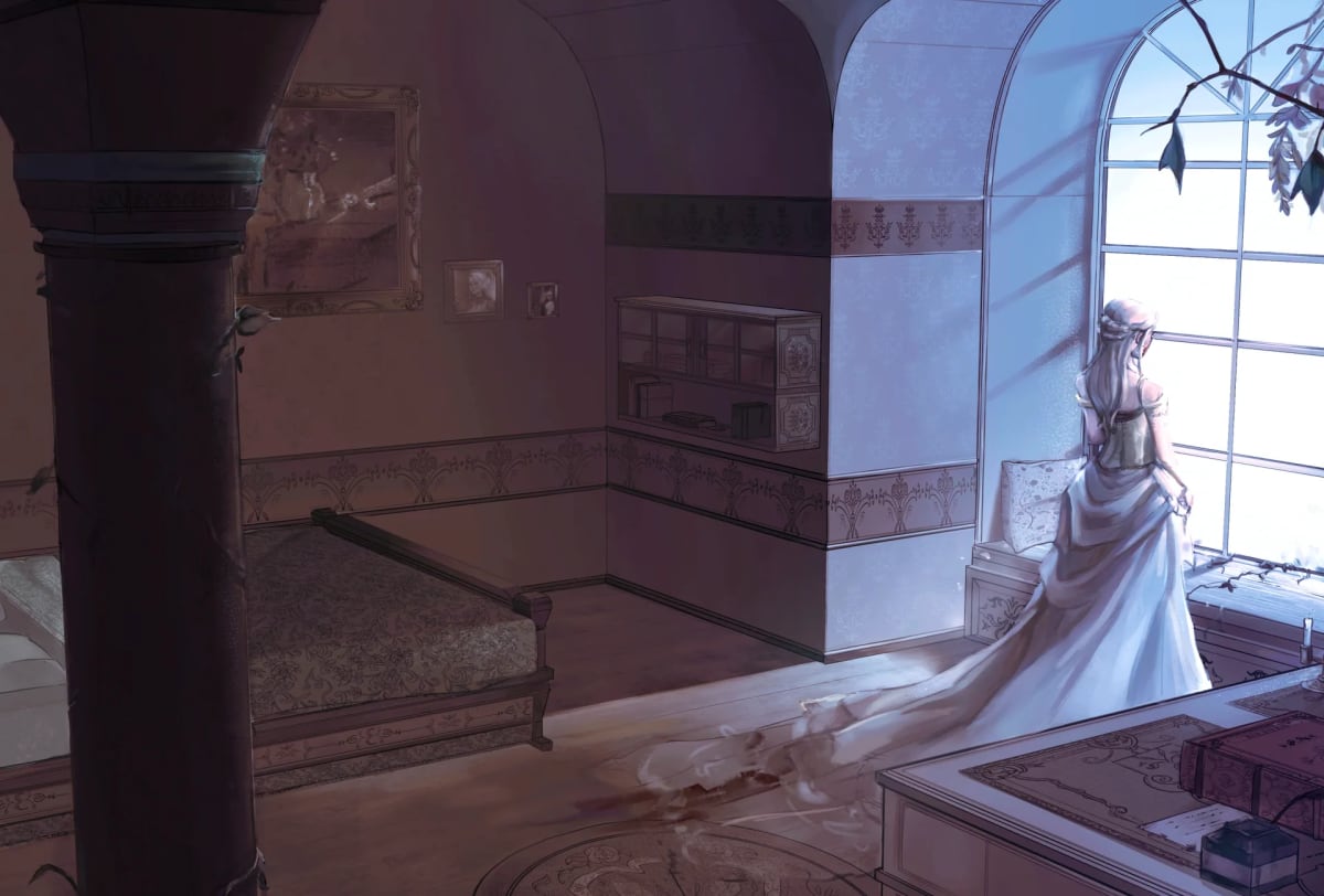 Entorno de una alcoba señorial con un gran ventanal y una figura de vestido largo asomada, de Alba Paniagua, alumna de Concept Art en TRAZOS