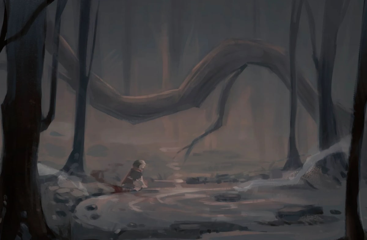 Entorno de un bosque en niebla con una raíz gigante arqueada sobre un claro nevado, de Alba Paniagua, alumna de Concept Art en TRAZOS