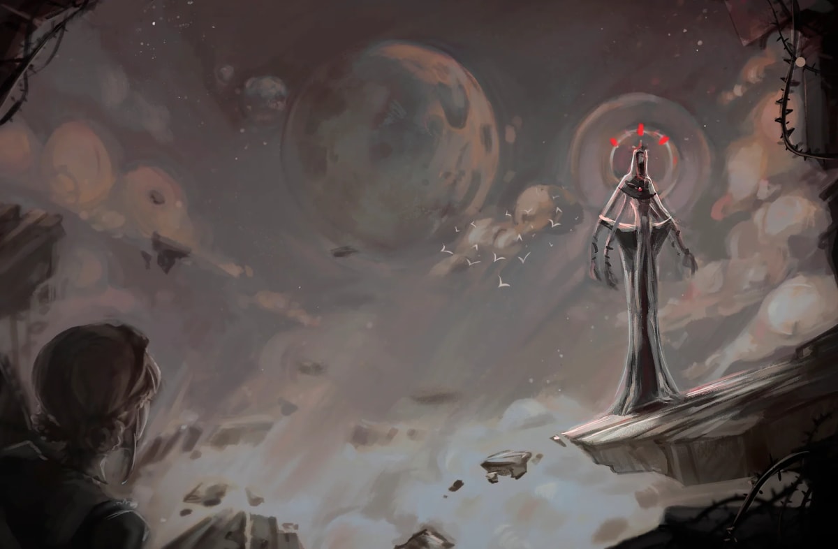 Plano amplio de la figura del halo rojo observada por un personaje desde las rocas, de Alba Paniagua, alumna de Concept Art en TRAZOS