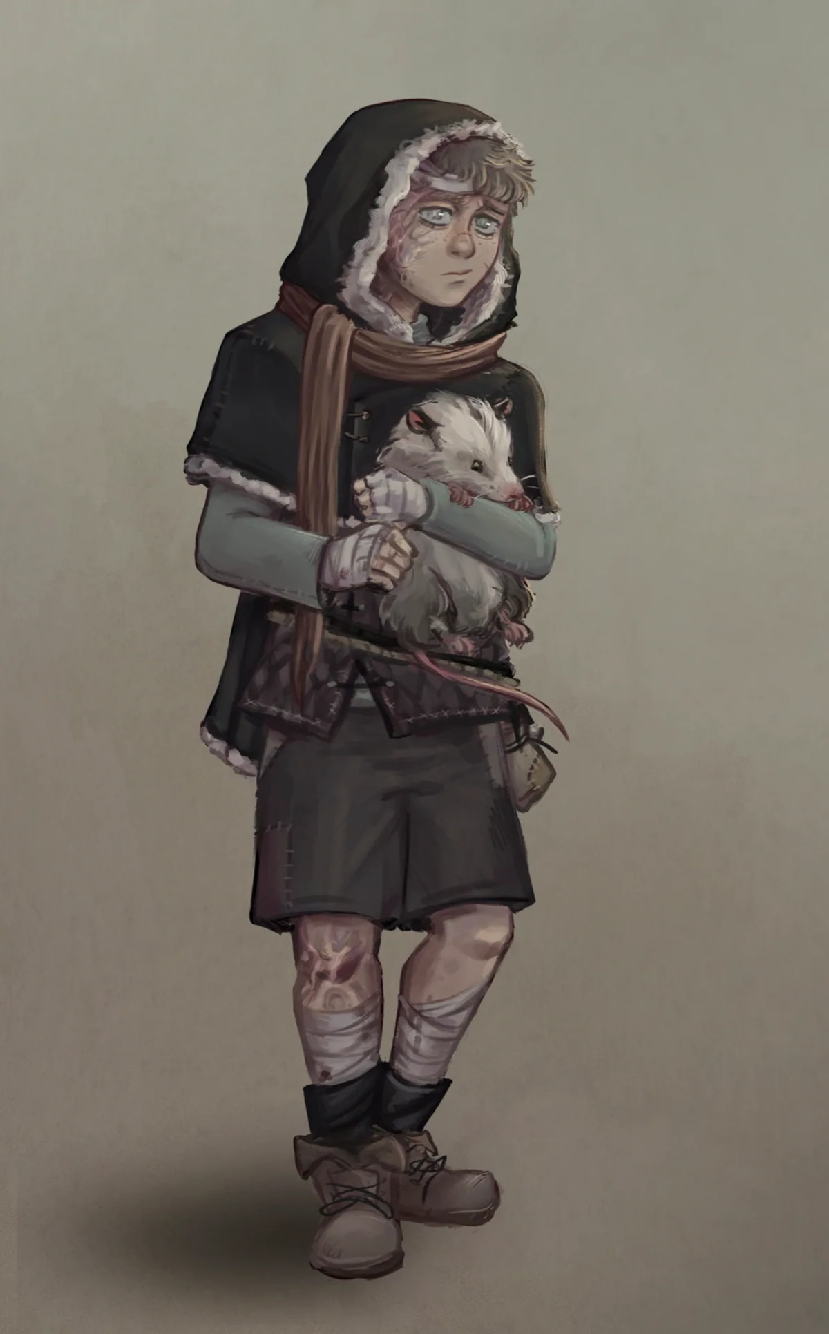 Personaje de un niño con capucha de piel sosteniendo una zarigüeya entre los brazos, de Alba Paniagua, alumna de Concept Art en TRAZOS