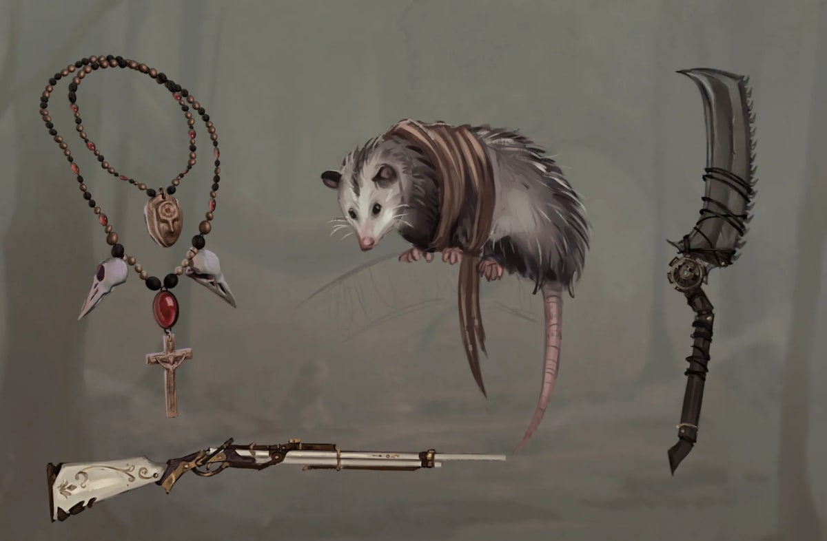 Props de una zarigüeya, un rosario con cráneos de pájaro, un trabuco y un machete, de Alba Paniagua, alumna de Concept Art en TRAZOS