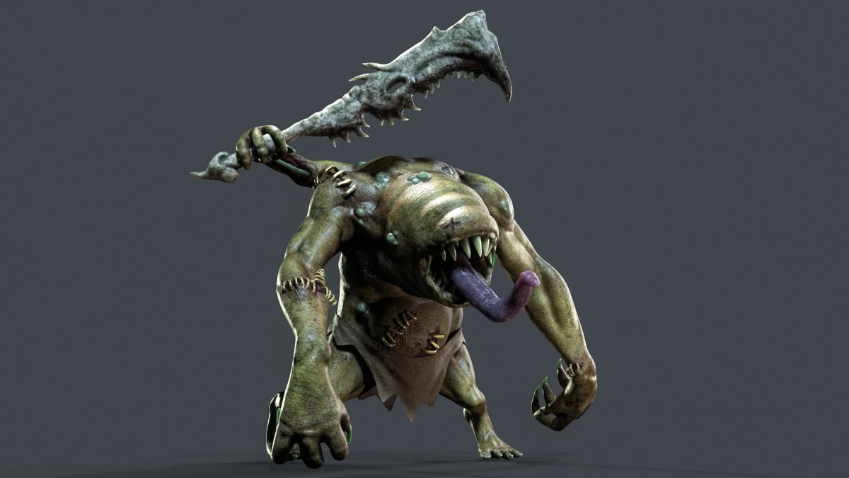 Criatura monstruosa de piel verde con guadaña de hueso, de cuerpo entero en pose de ataque, de Alejandro Martín, alumno de Concept Art en TRAZOS