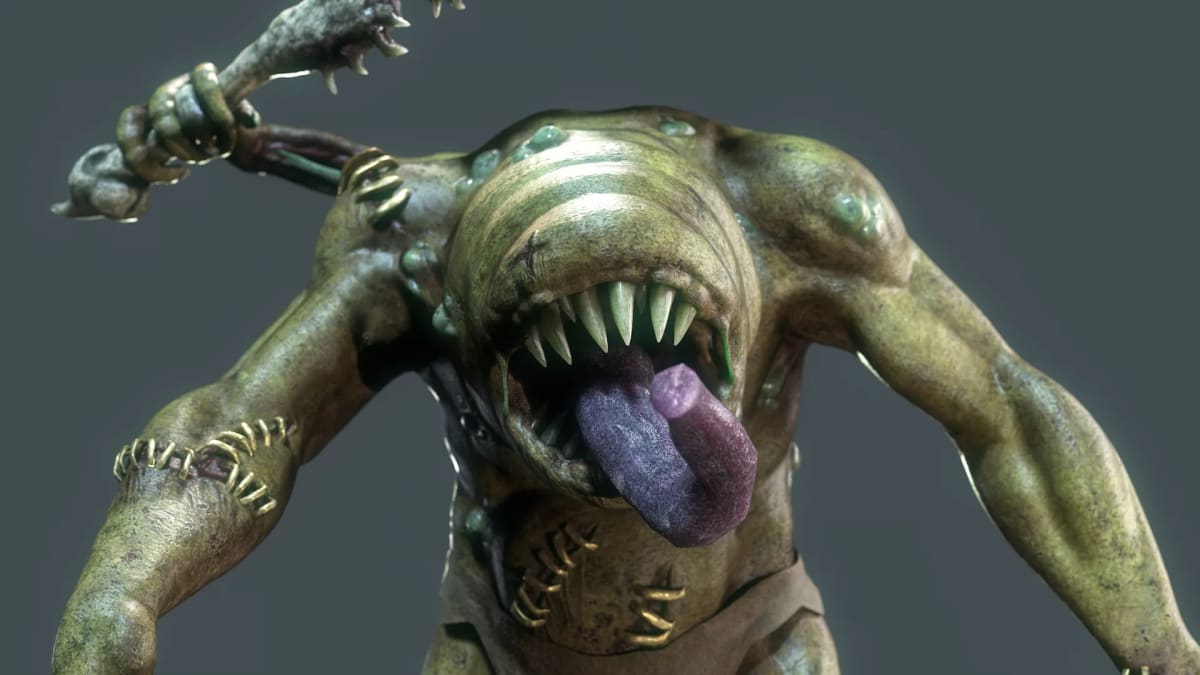 Detalle de las fauces y la lengua de una criatura monstruosa de piel verde, de Alejandro Martín, alumno de Concept Art en TRAZOS