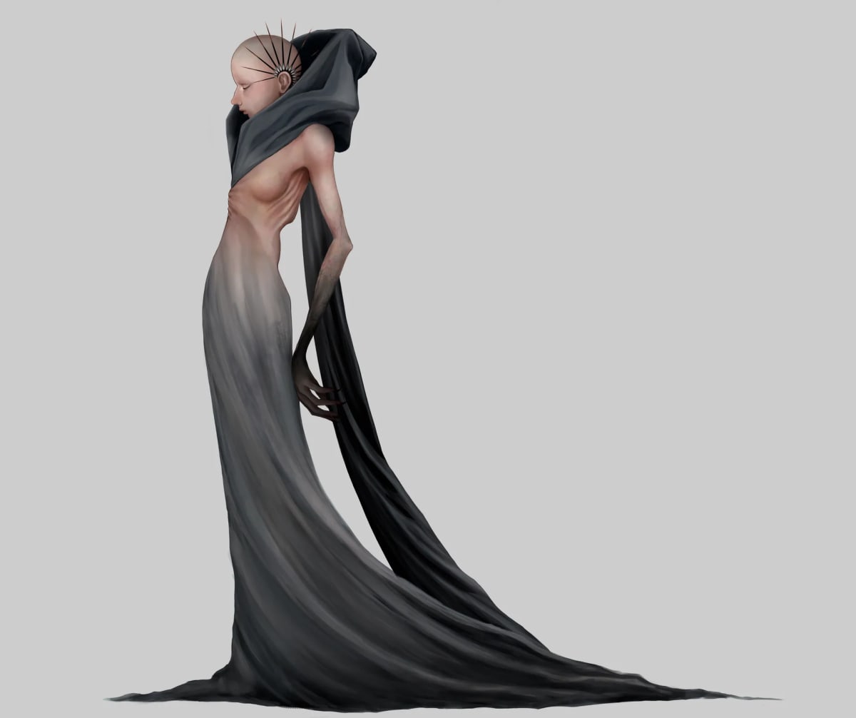 Figura encapuchada de perfil con un manto negro que se derrama por el suelo, de Aurora Fruzzetti, alumna de Concept Art en TRAZOS