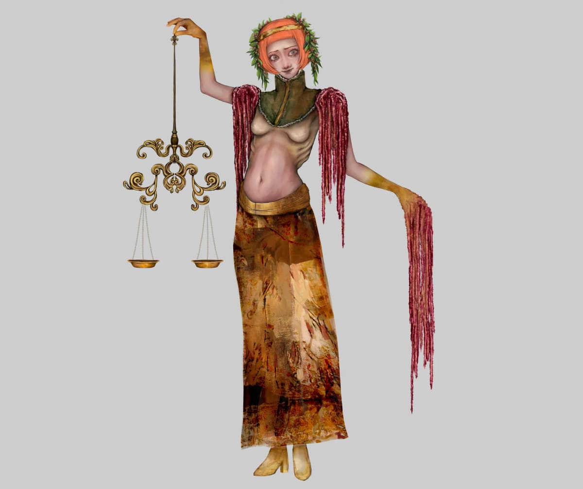 Personaje de pelo naranja y corona de laurel sosteniendo una balanza dorada, de Aurora Fruzzetti, alumna de Concept Art en TRAZOS