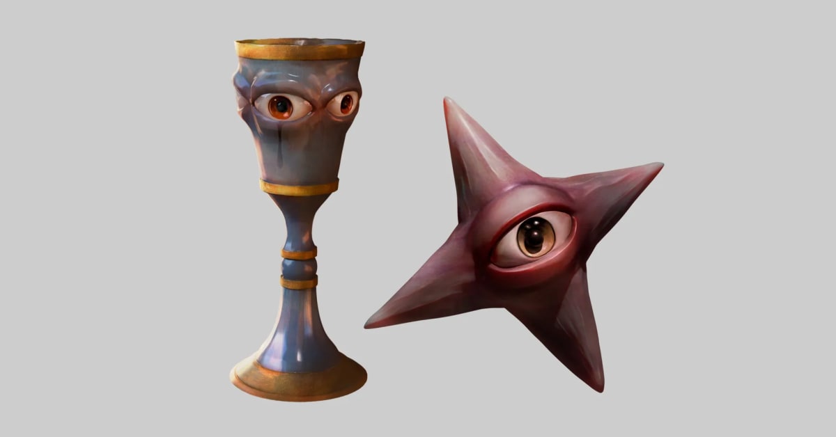 Props de un cáliz y una estrella con ojos humanos incrustados, de Aurora Fruzzetti, alumna de Concept Art en TRAZOS