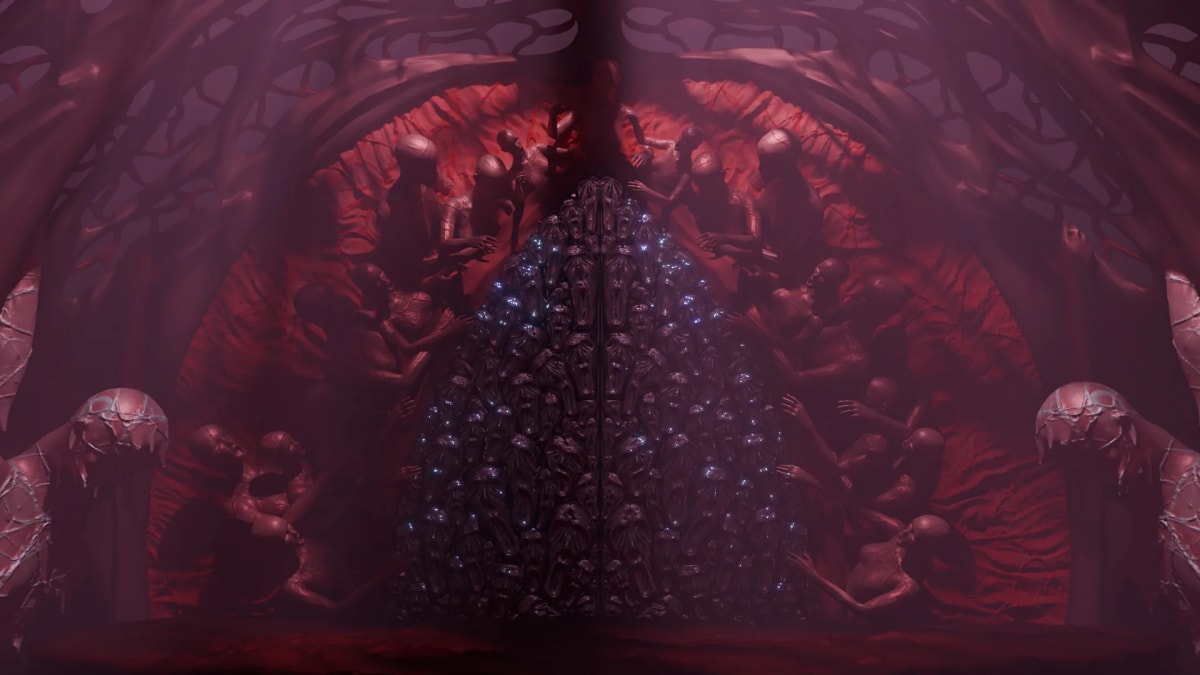 Plano amplio del entorno orgánico con la puerta central y la bóveda de nervaduras rojas, de Cristian Badoy, alumno de Concept Art en TRAZOS