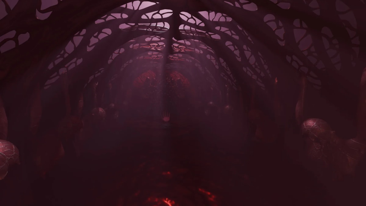 Túnel de un entorno orgánico rojizo con nervaduras y brasas al fondo, de Cristian Badoy, alumno de Concept Art en TRAZOS