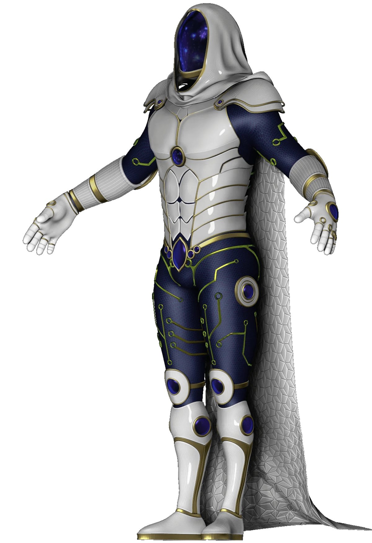 Guardián con armadura blanca y azul y el rostro convertido en un cielo estrellado, de frente, de Cristian Badoy, alumno de Concept Art en TRAZOS