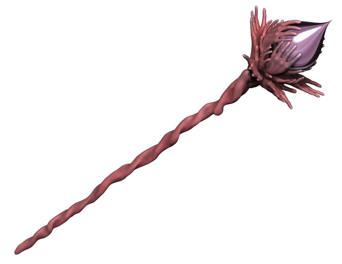 Prop del cetro orgánico completo, rematado por la gema entre manos, de Cristian Badoy, alumno de Concept Art en TRAZOS