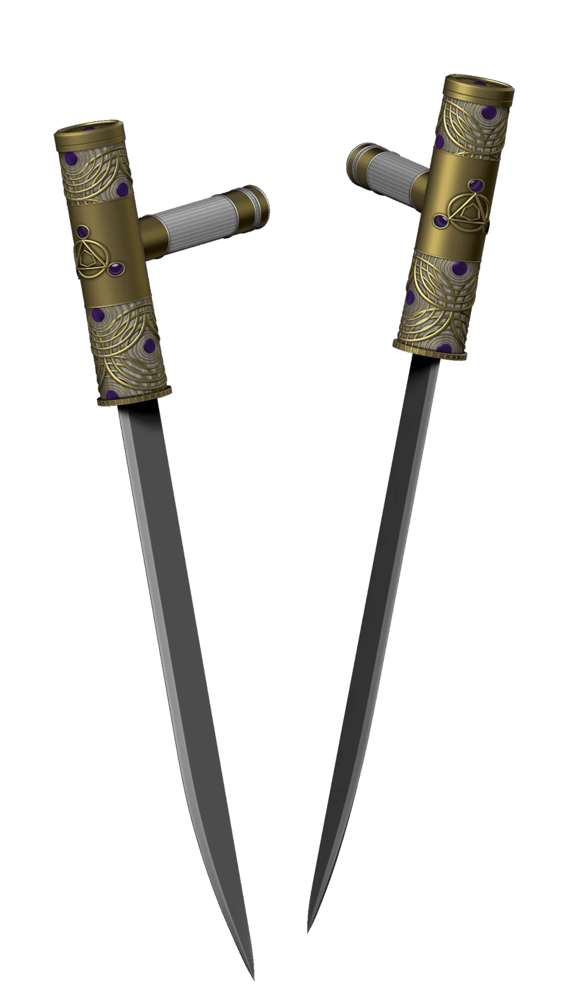 Par de dagas ornamentadas con filigrana dorada y gemas violetas sobre fondo negro, de Cristian Badoy, alumno de Concept Art en TRAZOS