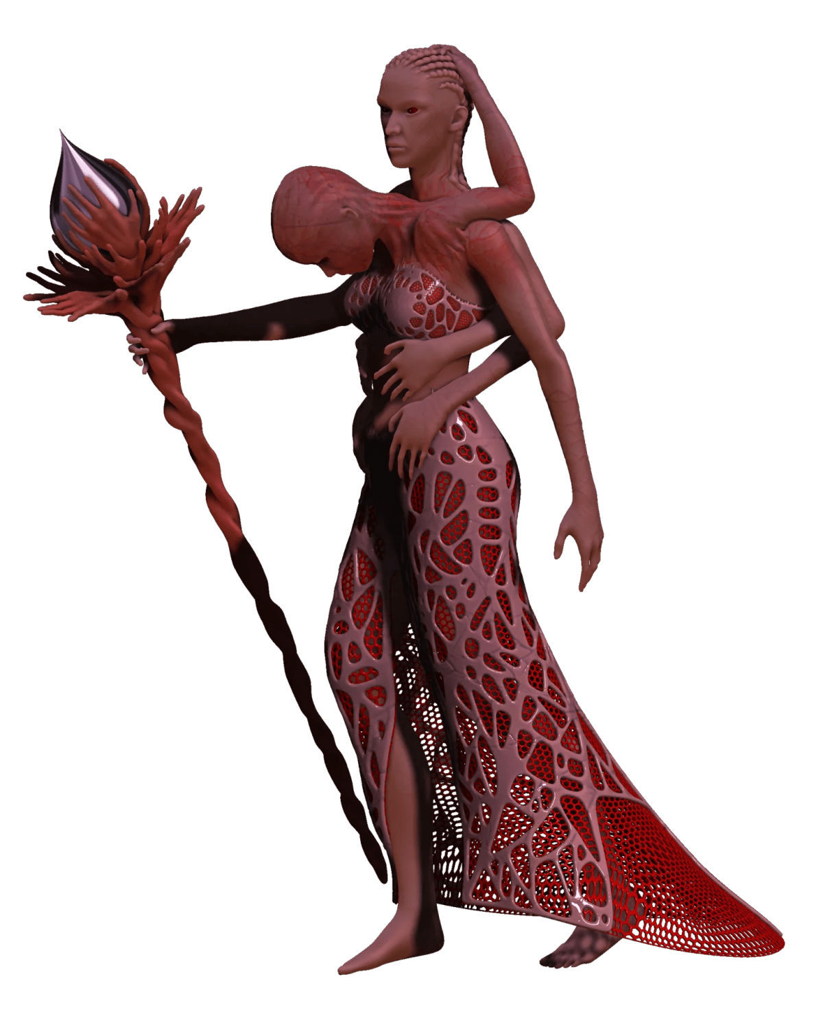 Personaje de sacerdotisa con una segunda cabeza en el hombro y un cetro orgánico, de Cristian Badoy, alumno de Concept Art en TRAZOS