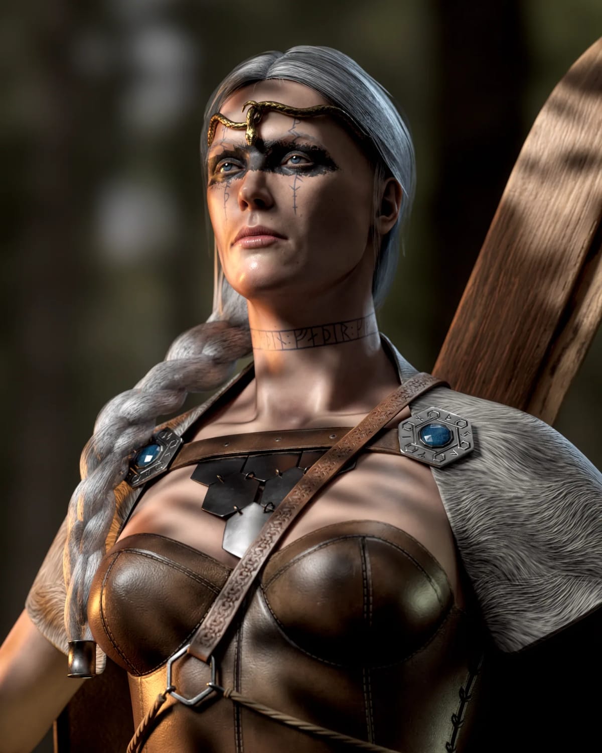 Busto en detalle de la guerrera nórdica con las runas del cuello y los broches de la capa, de Mario Fides, alumno de Concept Art en TRAZOS