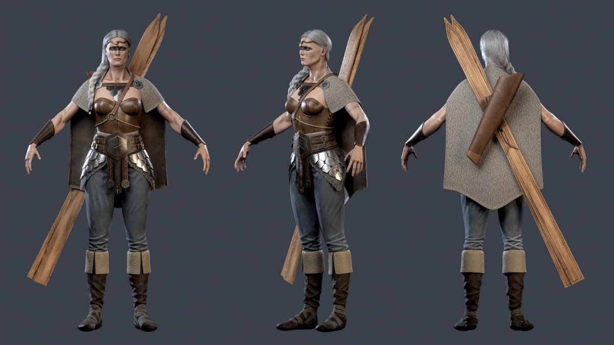 Turnaround de una guerrera nórdica con capa de piel y escudo de madera a la espalda, de Mario Fides, alumno de Concept Art en TRAZOS