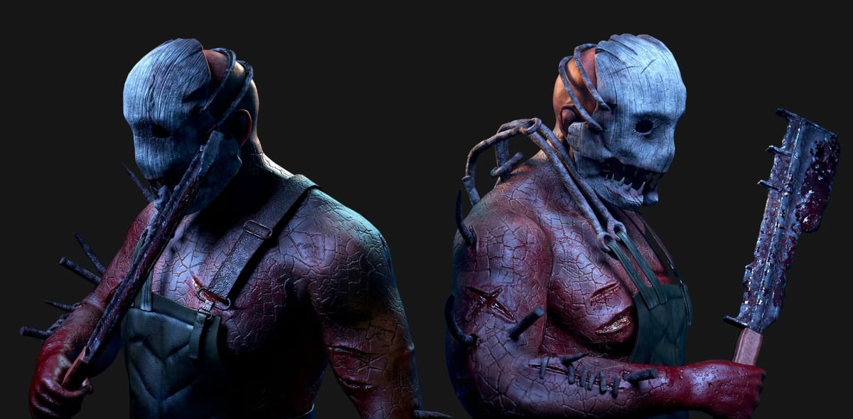 Dos vistas del personaje de terror enmascarado, de espalda y de tres cuartos, de Miguel Alejandro Garza, alumno de Concept Art en TRAZOS