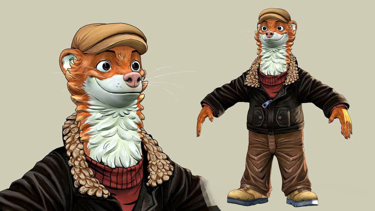 Ficha del personaje de la nutria antropomorfa con el busto en detalle y la pose de cuerpo entero, de Sandra Cendrero, alumna de Concept Art en TRAZOS