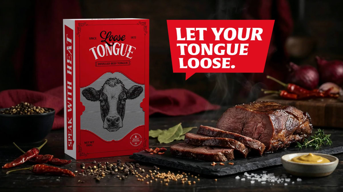 Bodegón completo de Loose Tongue con el estuche, la carne cortada y el claim de campaña, de Ánder Sánchez, alumno de Diseño Gráfico y Motion Graphics en TRAZOS