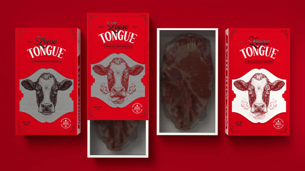Cuatro estuches de Loose Tongue, uno abierto mostrando el producto, sobre fondo rojo, de Ánder Sánchez, alumno de Diseño Gráfico y Motion Graphics en TRAZOS