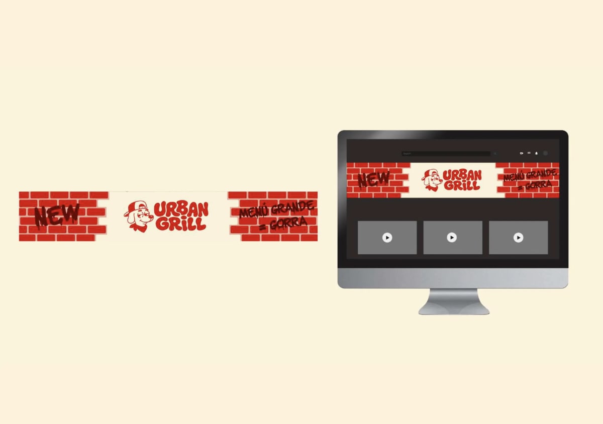 Banner web de Urban Grill con estampado de ladrillo, visto suelto y aplicado en pantalla, de Andrea Jurado, alumna de Diseño Gráfico y Motion Graphics en TRAZOS