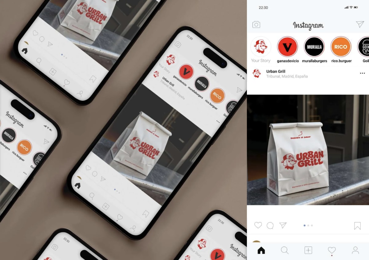 Perfil de Instagram de Urban Grill mostrado en varios móviles y en detalle, de Andrea Jurado, alumna de Diseño Gráfico y Motion Graphics en TRAZOS