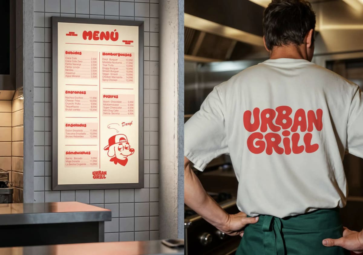 Cartel de menú de Urban Grill en el local y camiseta de uniforme con el logotipo a la espalda, de Andrea Jurado, alumna de Diseño Gráfico y Motion Graphics en TRAZOS