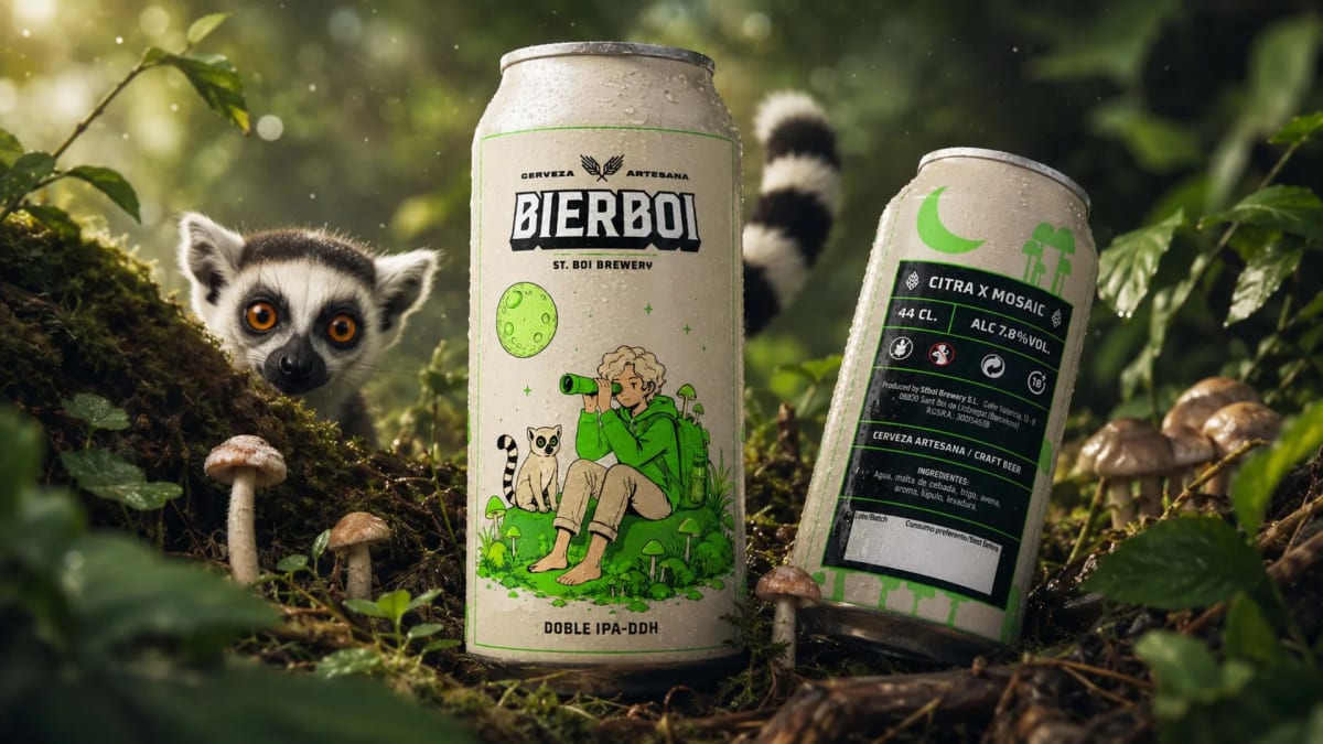 Plano amplio de las latas de Bierboi entre el musgo, con el lémur asomando entre las hojas, de Diana Requena, alumna de Diseño Gráfico y Motion Graphics en TRAZOS