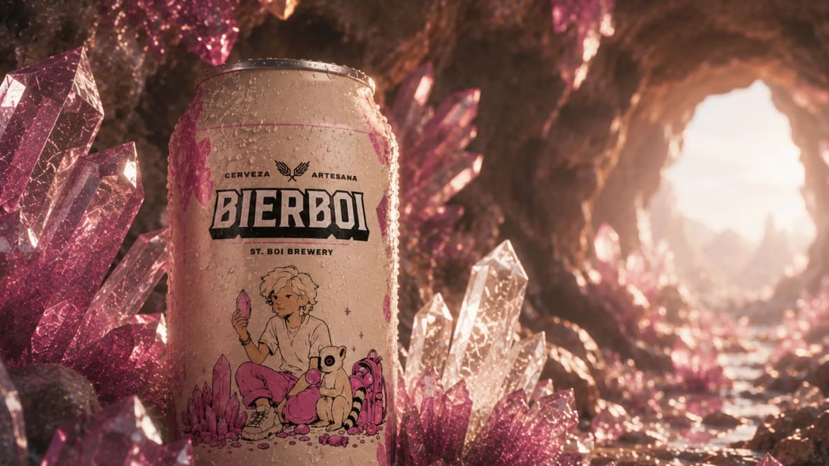 Lata de Bierboi de la edición de cristales rosas, en una cueva de cuarzo, de Diana Requena, alumna de Diseño Gráfico y Motion Graphics en TRAZOS