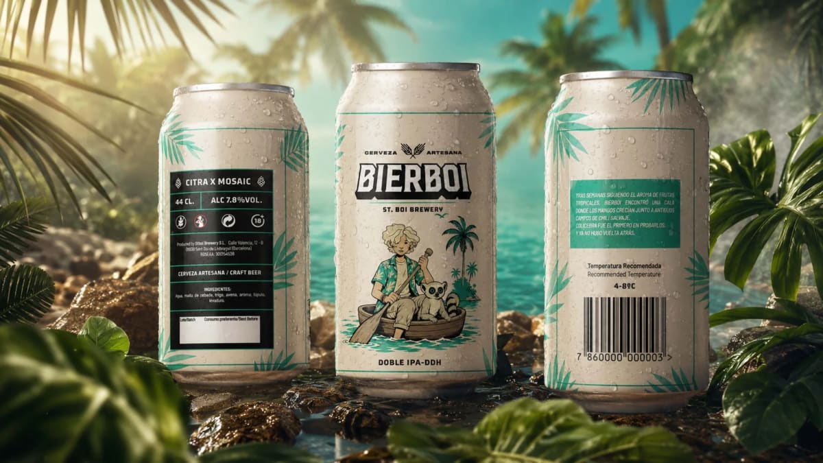 Las tres caras de la lata de Bierboi en su edición tropical, sobre un fondo de palmeras, de Diana Requena, alumna de Diseño Gráfico y Motion Graphics en TRAZOS