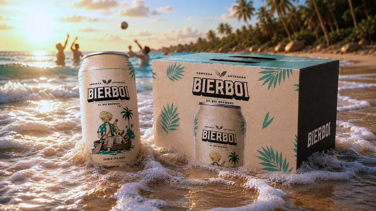 Lata y pack de Bierboi en la orilla de una playa al atardecer, de Diana Requena, alumna de Diseño Gráfico y Motion Graphics en TRAZOS
