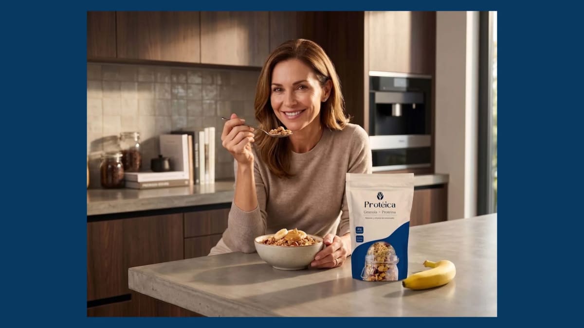 Bodegón de la granola Protéica en una cocina, con una mujer desayunando, de Diana Requena, alumna de Diseño Gráfico y Motion Graphics en TRAZOS