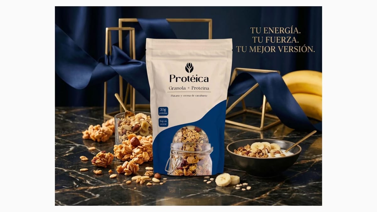 Bodegón de la bolsa de granola Protéica sobre mármol negro con frutos secos y plátano, de Diana Requena, alumna de Diseño Gráfico y Motion Graphics en TRAZOS