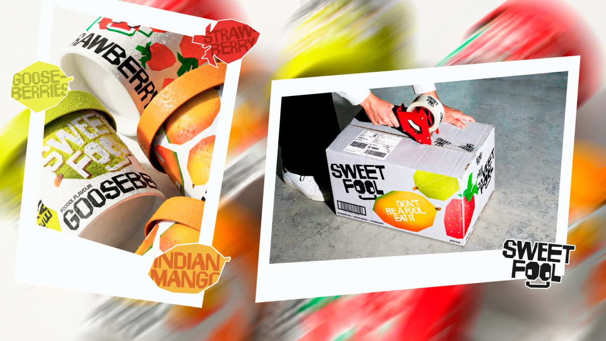 Caja de envío de Sweet Fool precintada, junto a un bodegón de las tarrinas de la gama, de German Miranda, alumno de Diseño Gráfico y Motion Graphics en TRAZOS