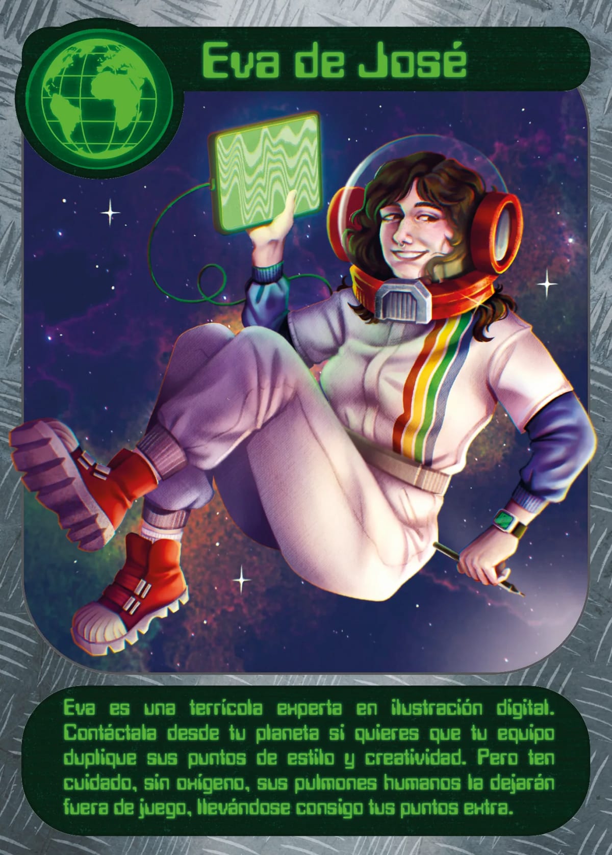 Carta coleccionable de estilo retro con una ilustradora astronauta flotando con su tableta, de Eva De José González, alumna de Ilustración y Animación 2D en TRAZOS