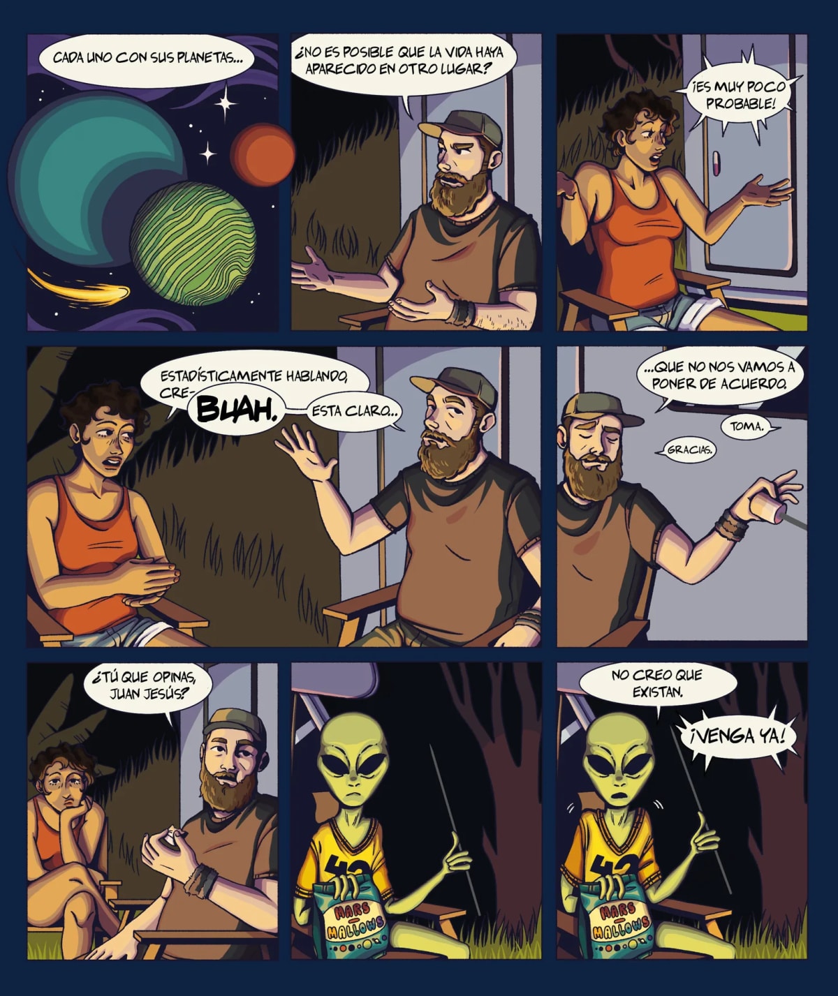 Página de cómic en la que dos personajes discuten sobre la vida extraterrestre junto a una hoguera, de Eva De José González, alumna de Ilustración y Animación 2D en TRAZOS