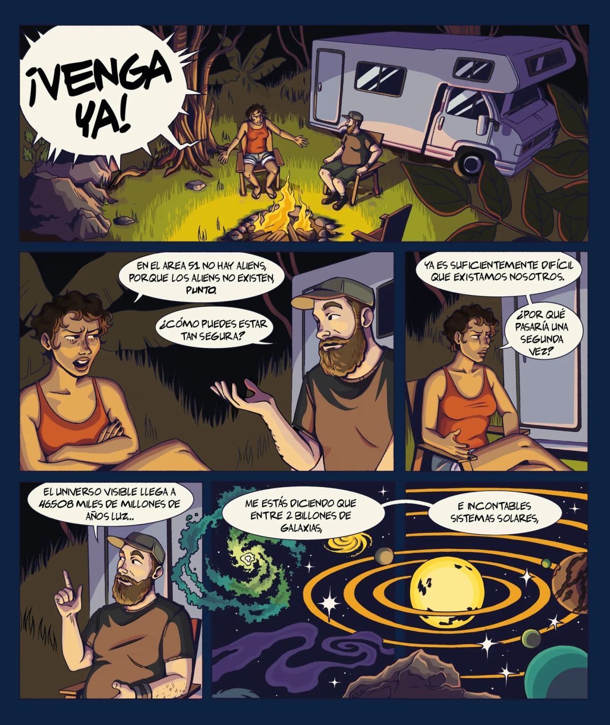 Segunda página del cómic, con la caravana de noche y viñetas de galaxias y sistemas solares, de Eva De José González, alumna de Ilustración y Animación 2D en TRAZOS