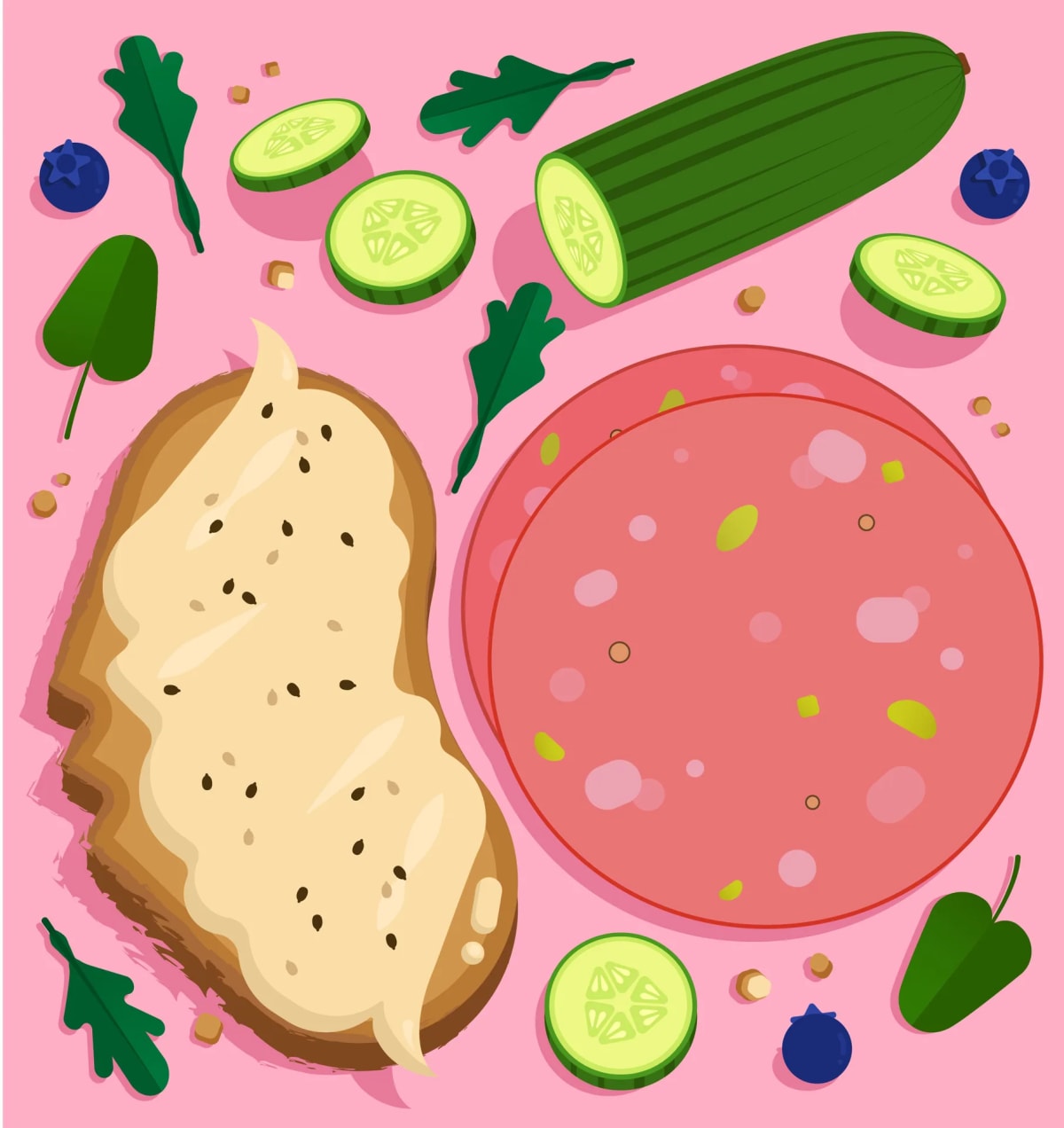 Ilustración gastronómica cenital de un salmorejo con pan tostado y pepino sobre fondo rosa, de Eva De José González, alumna de Ilustración y Animación 2D en TRAZOS