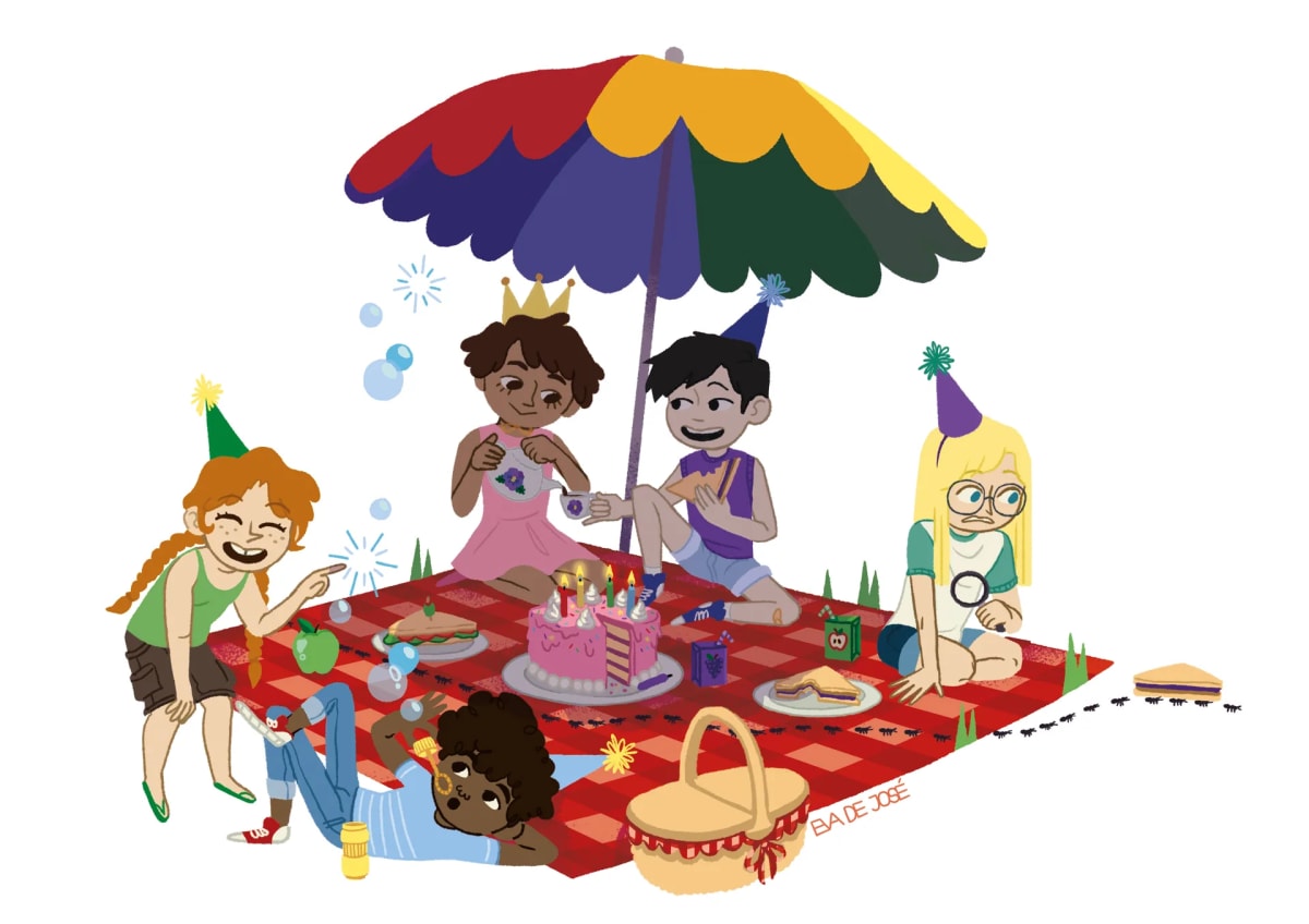 Ilustración infantil de cinco niños celebrando un cumpleaños de picnic bajo una sombrilla, de Eva De José González, alumna de Ilustración y Animación 2D en TRAZOS