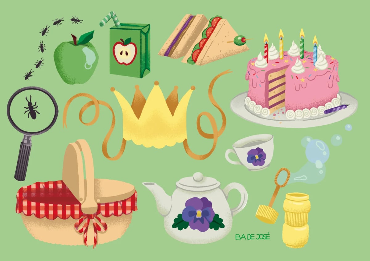 Hoja de props de una merienda en el campo: tarta, cesta, tetera, corona y pompas de jabón, de Eva De José González, alumna de Ilustración y Animación 2D en TRAZOS