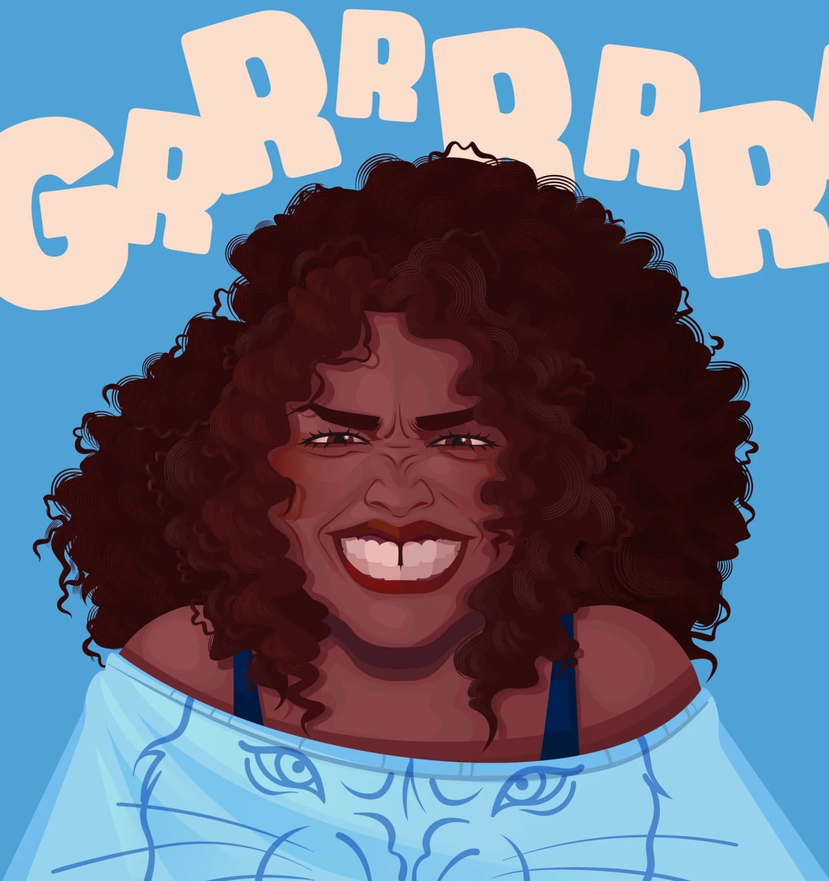 Retrato vectorial de una mujer de melena rizada riendo, con la onomatopeya GARRR de fondo, de Eva De José González, alumna de Ilustración y Animación 2D en TRAZOS
