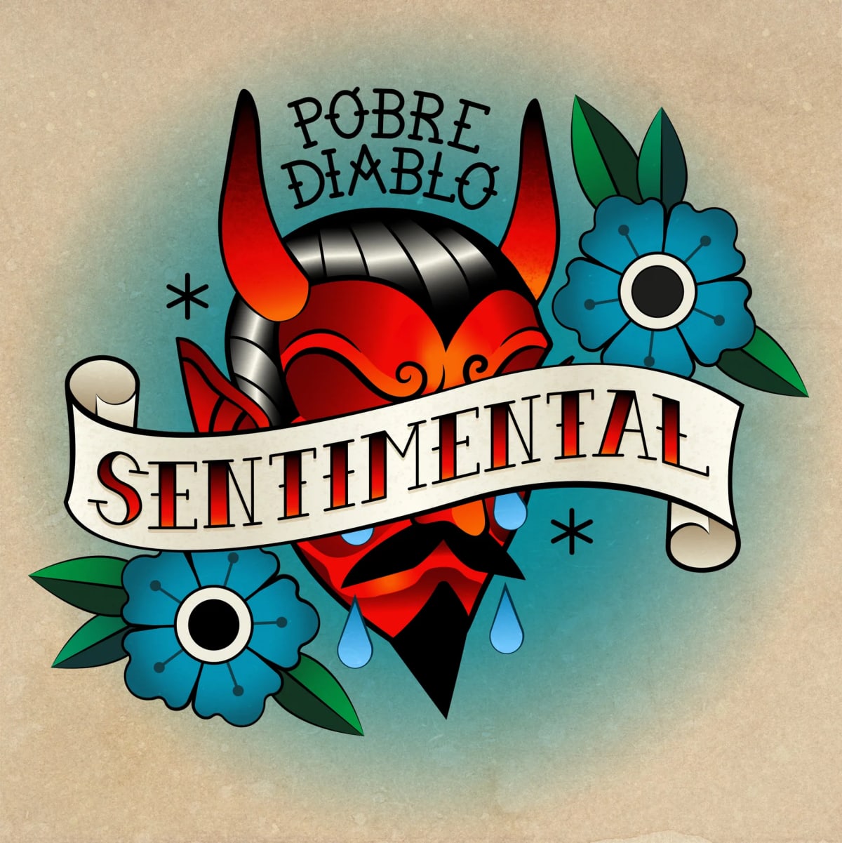 Diseño de tatuaje old school "Pobre Diablo" con una máscara de demonio llorando y flores azules, de Eva De José González, alumna de Ilustración y Animación 2D en TRAZOS