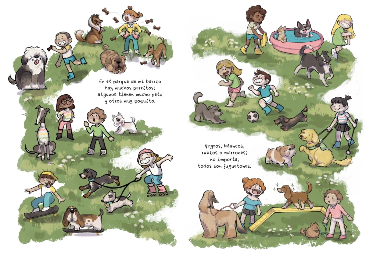Doble página de álbum infantil con niños y perros jugando en el parque, con texto rimado, de Julia Aragoneses, alumna de Ilustración y Animación 2D en TRAZOS
