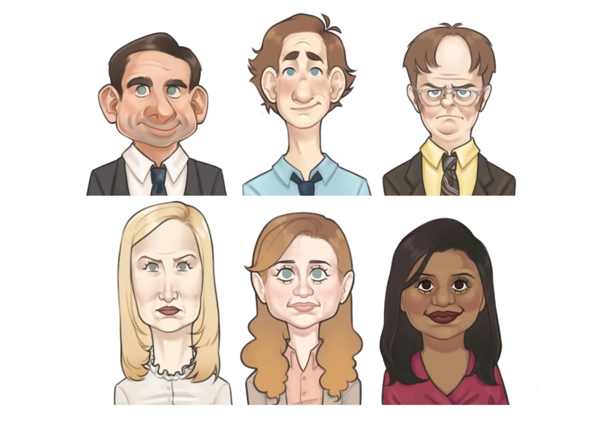 Hoja de seis caricaturas de personajes de oficina en plano de busto sobre fondo blanco, de Julia Aragoneses, alumna de Ilustración y Animación 2D en TRAZOS