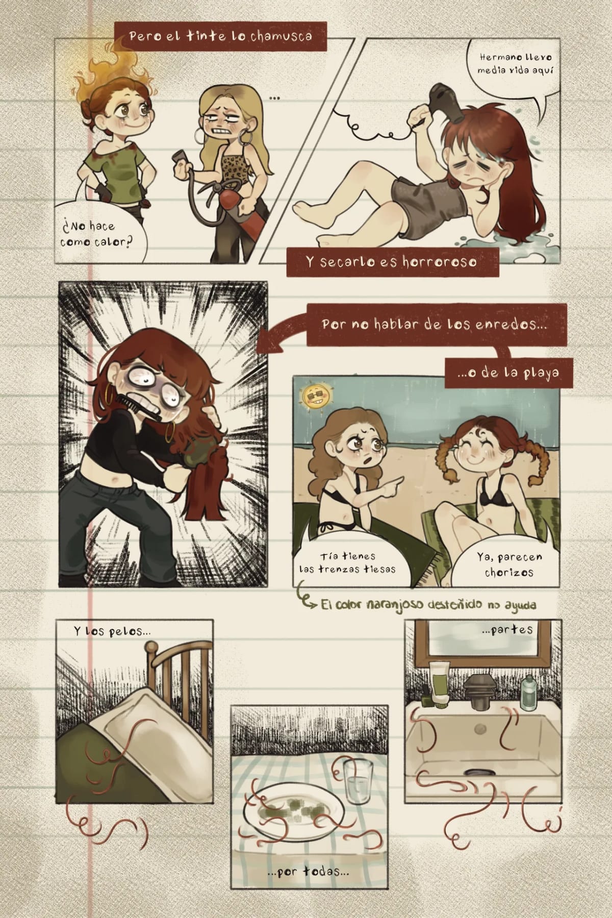 Página de cómic autobiográfico sobre las penurias de tener el pelo largo, sobre papel pautado, de Julia Aragoneses, alumna de Ilustración y Animación 2D en TRAZOS