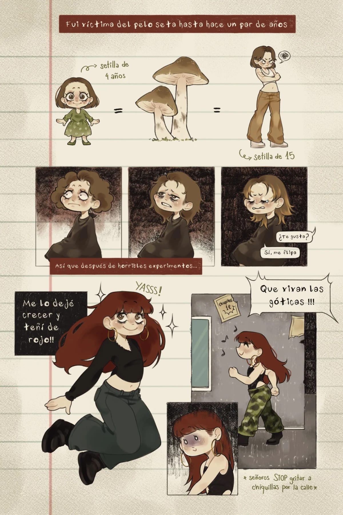 Página de cómic con la evolución del peinado de la autora, del pelo seta al pelirrojo largo, de Julia Aragoneses, alumna de Ilustración y Animación 2D en TRAZOS