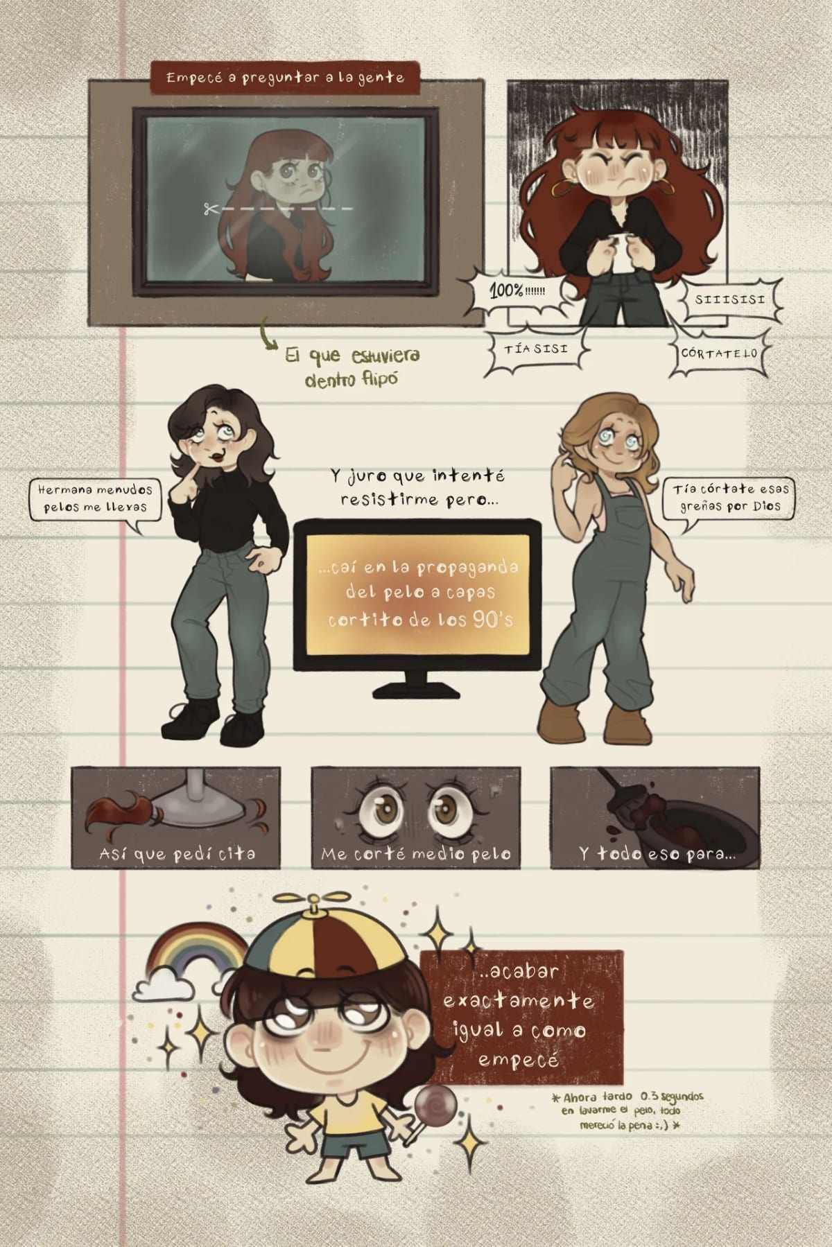 Página de cómic en la que la autora pide opinión sobre cortarse el pelo y acaba como empezó, de Julia Aragoneses, alumna de Ilustración y Animación 2D en TRAZOS