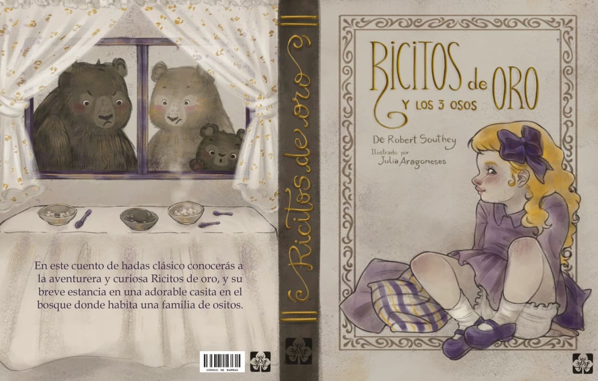 Cubierta completa del cuento "Ricitos de oro y los 3 osos" con la niña y los osos en la ventana, de Julia Aragoneses, alumna de Ilustración y Animación 2D en TRAZOS