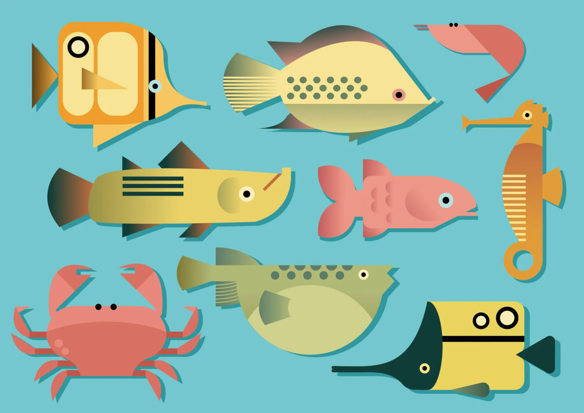 Lámina vectorial de peces, cangrejo y caballito de mar geométricos sobre fondo turquesa, de Julia Aragoneses, alumna de Ilustración y Animación 2D en TRAZOS
